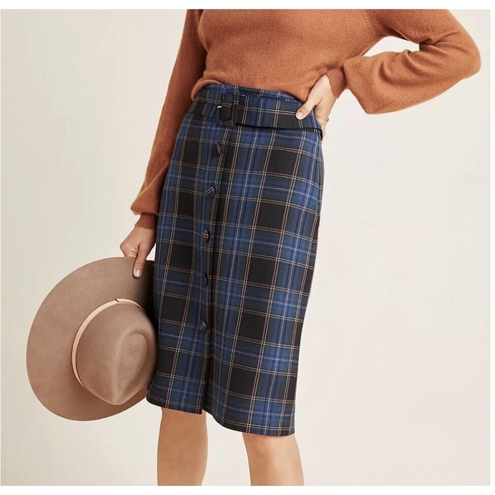 Maeve Anthropologie SIZE 4 Pencil Skirt Navy Blue Plaid Button Front Belted